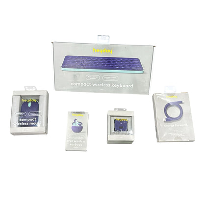Heyday Electronics Bundle: Wireless Keyboard, Mouse, Earbuds, Wall Charger & 6ft Charging Cable - Bluetooth & USB Compatible 5pcs.