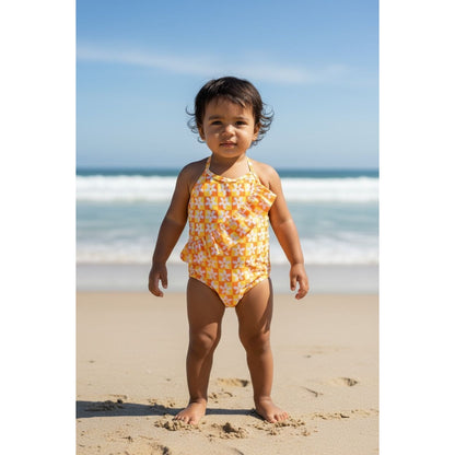Tucker + Tate Girls Swimsuit Size 4 Orange Yellow Floral One Piece Ruffle Toddler Swimwear
