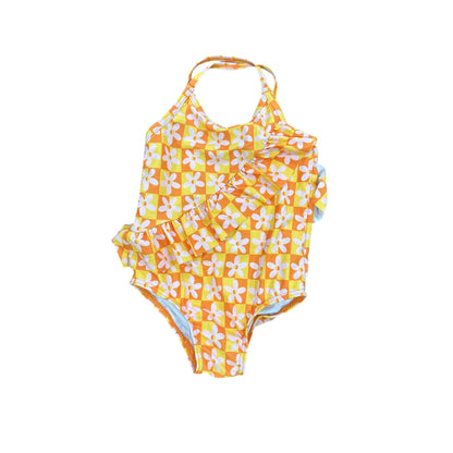 Tucker + Tate Girls Swimsuit Size 4 Orange Yellow Floral One Piece Ruffle Toddler Swimwear