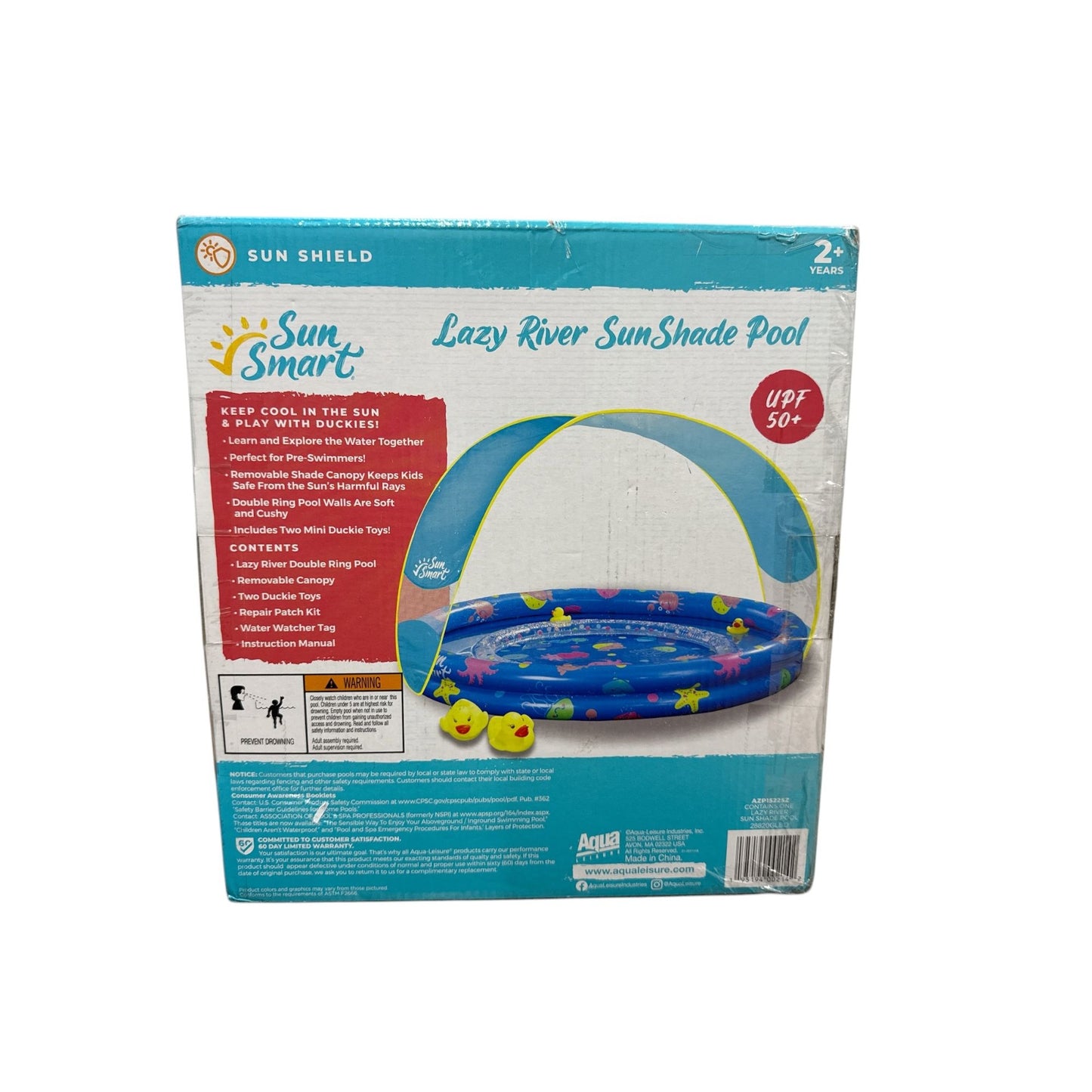 Lazy River Sunshade Pool With Removable Canopy & Duck Toys For Kids - 42" Inflated Size UPF 50+