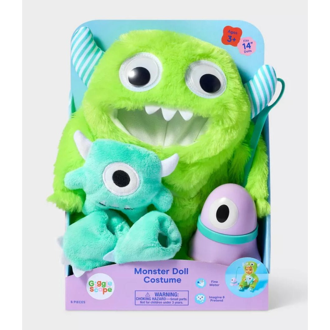 Monster Doll Costume Set Fits 14" Dolls Includes Hat Outfit Plush Monster Slippers Pet & Leash Ages 3+ By Giggle Scape