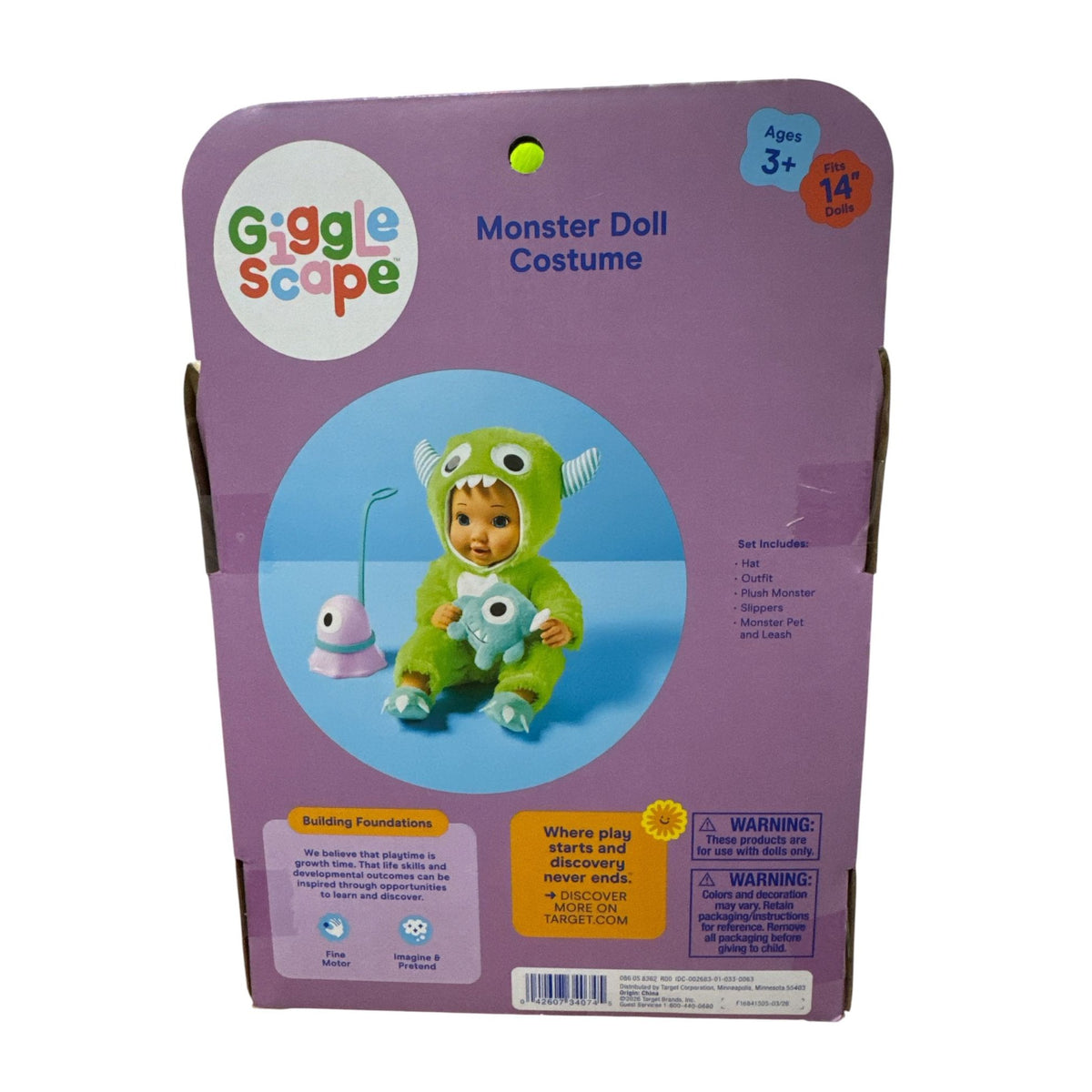 Monster Doll Costume Set Fits 14" Dolls Includes Hat Outfit Plush Monster Slippers Pet & Leash Ages 3+ By Giggle Scape
