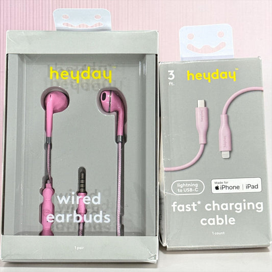 Heyday Wired Earbuds & 3 Ft Lightning To USB-C Fast Charging Cable Pink New In Box