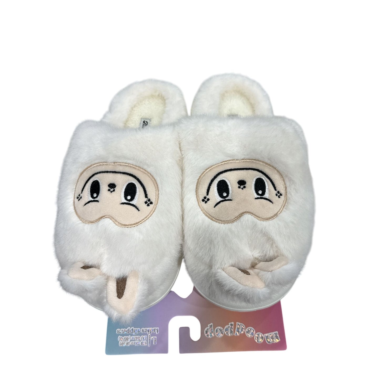 Moodpop Women's Fuzzy Llama Slippers With Memory Foam US Size 9/10 White Plush With Embroidered Face & Ears Indoor/Outdoor Sole